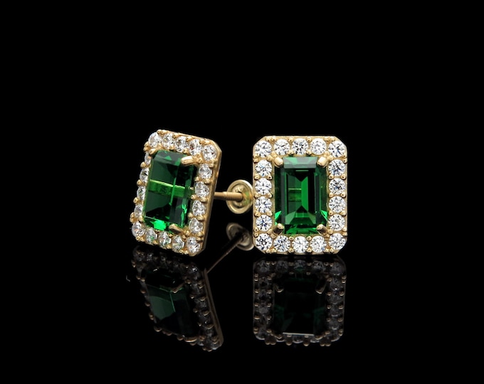Emerald Cut Gemstone & Created Diamond Halo Earrings Solid 14K White/Yellow Gold Rectangular Cluster Studs All 12 Birtstone Colors Available