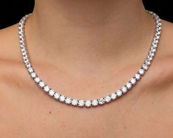 50.00TCW Tennis Necklace 5mm Brilliant Created Diamond Simulant 925 Sterling Silver Chain 22"