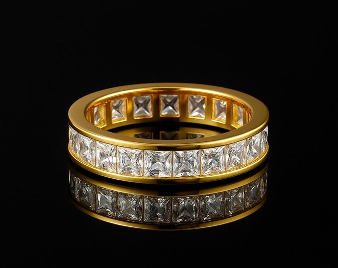 3.5TCW Created Diamond Princess Cut Eternity Band 925 Sterling Silver Yellow/White/Rose Gold Plated VVS1 4mm Ring