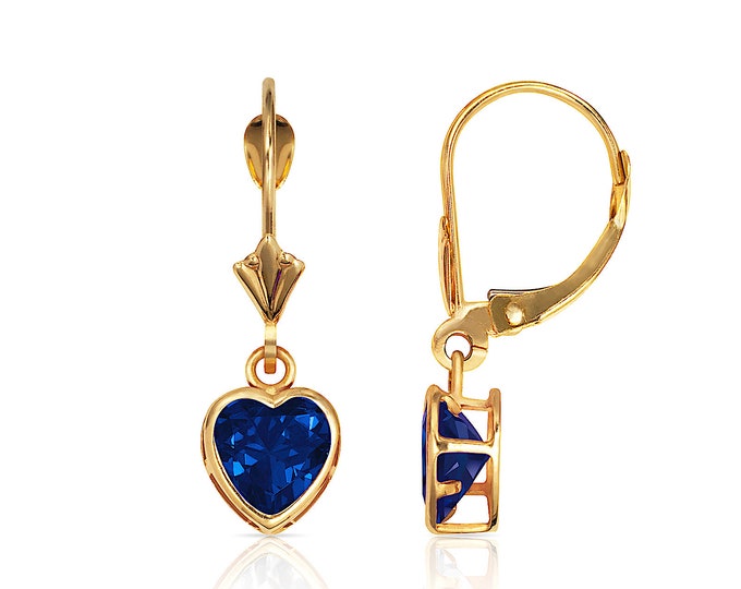 1.50CT Heart Cut Created Sapphire Earrings Solid 14K Yellow/White Gold Lever-back Dangling Huggie