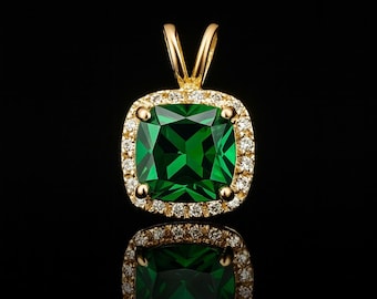 Halo Pendant 1.50tcw Cushion Cut Created Emerald & Diamond Solid 14K Yellow Gold Square Charm