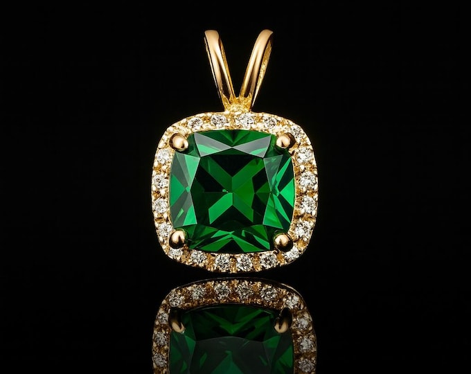 Halo Pendant 1.50tcw Cushion Cut Created Emerald & Diamond Solid 14K Yellow Gold Square Charm
