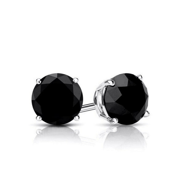 Solid 14K White Gold Earrings 1.00ct Round Black Created Diamond Push-back Basket Studs VVS1 5mm