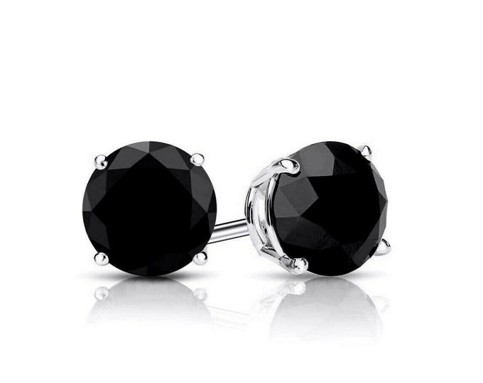 14K White Gold Over 925 Sterling Silver Earrings 1.00ct Round Black Created Diamond Push-back Basket Studs 5mm