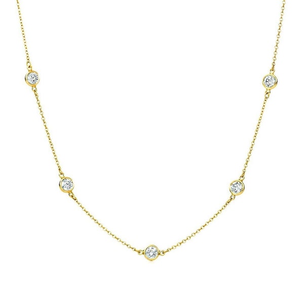 3.00tcw Created Diamond Tennis Station Necklace Yard Bezel Chain Solid 14k Yellow/White/Rose Gold 16"/18"/20"/24"/26"/30"