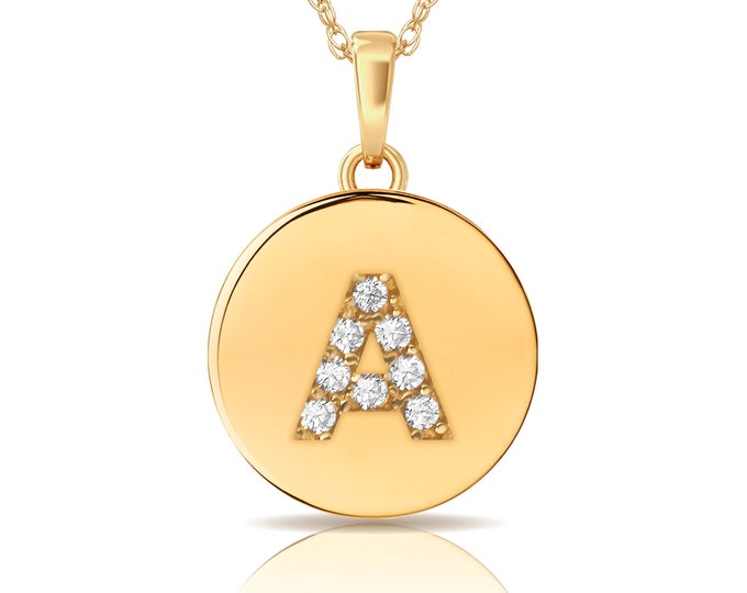 Solid 14K Yellow/White/Rose Gold Initial Pendant Round Created Diamond Simulants All Letters A-Z Charm 9mm