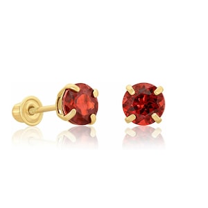 Garnet Earrings Solid 14K Yellow Gold Round Solitaire Screw-back Studs 6mm Created Gemstone