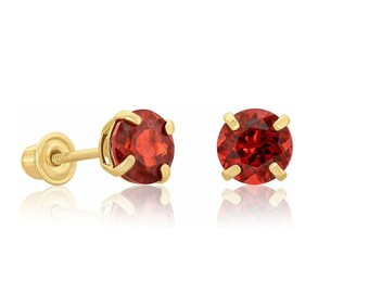 Garnet Earrings Solid 14K Yellow Gold Round Solitaire Screw-back Studs 6mm Created Gemstone