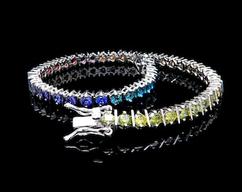 Rainbow Eternity Tennis Bracelet Solid 925 Sterling Silver 5.00TCW Brilliant Gemstone 7" Multi-Color Gold Tone