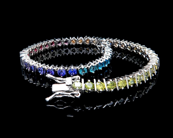 Rainbow Eternity Tennis Bracelet Solid 925 Sterling Silver 5.00TCW Brilliant Gemstone 7" Multi-Color Gold Tone