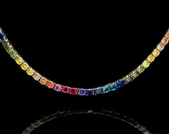 3mm Rainbow Tennis Necklace Solid 925 Sterling Silver 15TCW Brilliant Created Gemstone 16"/18"/20" Multi-Color Yellow/Rose Gold Plated Chain