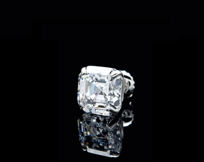 Single Asscher Cut Created Diamond Earring Solid 14K White Gold Screw-back Square Basket 5mm-8mm ONE EARRING