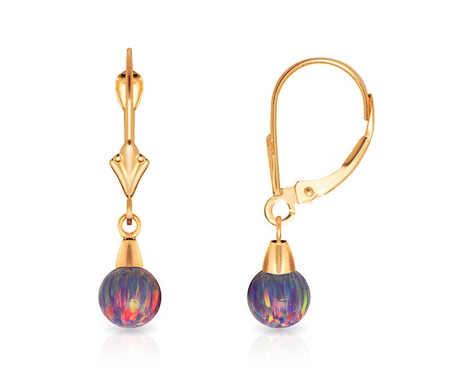 Purple Opal Ball 6mm Earrings Solid 14K Yellow/White Gold Lever-back Huggie