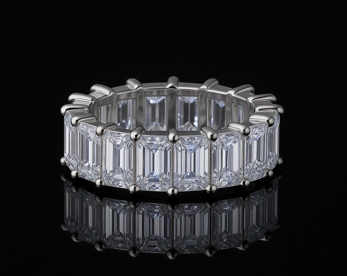 Eternity Band 10TCW Emerald Cut Created Diamond 925 Sterling Silver 6mm Ring VVS1