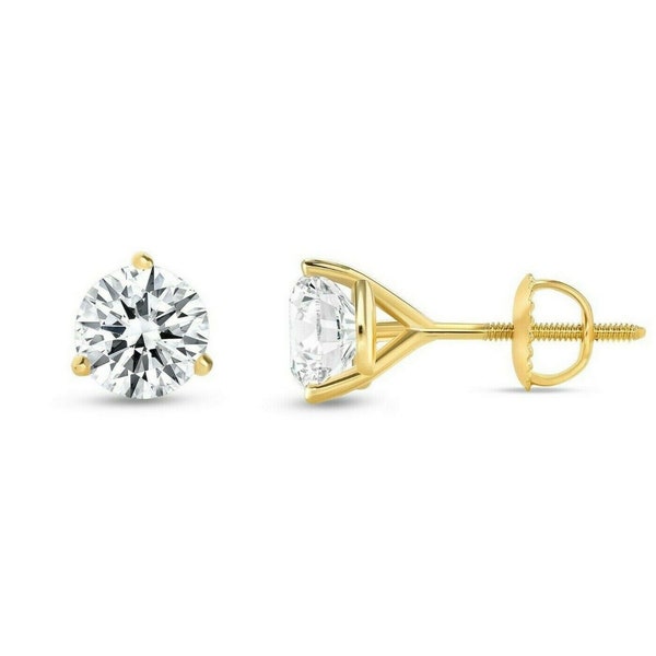 Solid 14K White/Yellow Gold Martini Earrings Round Created Diamond Screw-back 3-Prong Basket Studs VVS1