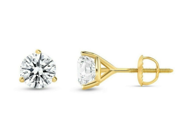 Solid 14K White/Yellow Gold Martini Earrings Round Created Diamond Screw-back 3-Prong Basket Studs VVS1