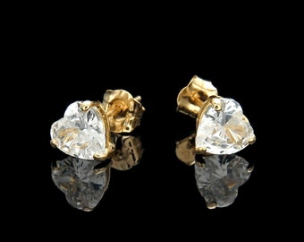 Heart Cut Earrings Created Diamond Studs 14K Solid Yellow/White Gold Heavy Basket Solitaire VVS1