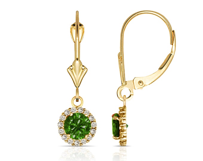 1.00TCW Halo Green Emerald & Round Cut Created Diamond Earrings Solid 14K Yellow/White Gold Lever-back Dangling Huggie