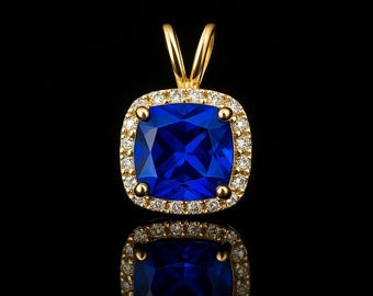 Halo Pendant 1.50tcw Cushion Cut Created Sapphire & Diamond Solid 14K Yellow Gold Square Charm