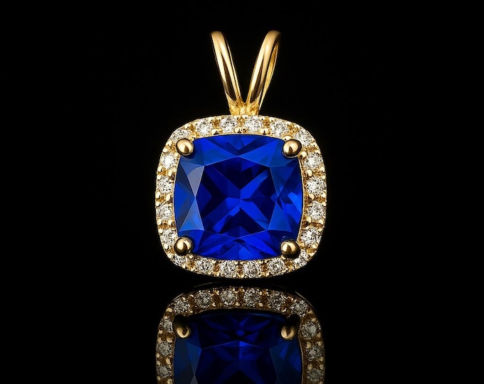 Halo Pendant 1.50tcw Cushion Cut Created Sapphire & Diamond Solid 14K Yellow Gold Square Charm