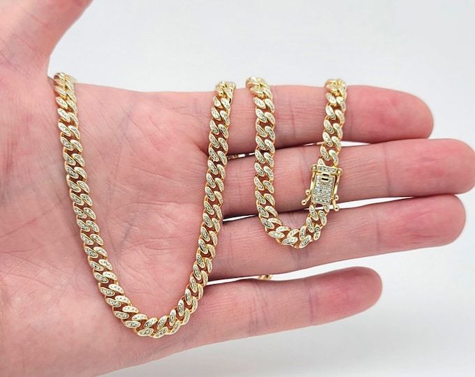 24" Cuban Link Chain 14K Yellow Gold over 925 Sterling Silver Curb Necklace 20TCW Brilliant Created Diamonds 6.5mm