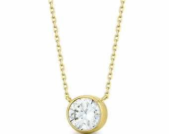 2.00CT Created Diamond Round Bezel Necklace 14K Solid Yellow Gold Cable Chain 16"