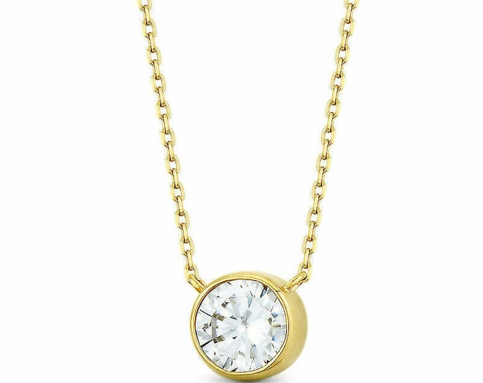 2.00CT Created Diamond Round Bezel Necklace 14K Solid Yellow Gold Cable Chain 16"