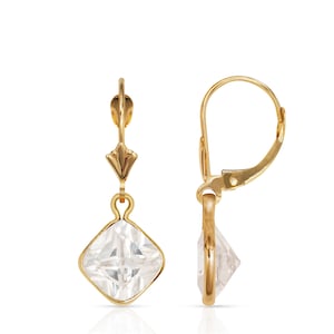 4CT Cushion Cut Created Diamond Earrings Solid 14K Yellow/White Gold Lever-back Dangling Huggie