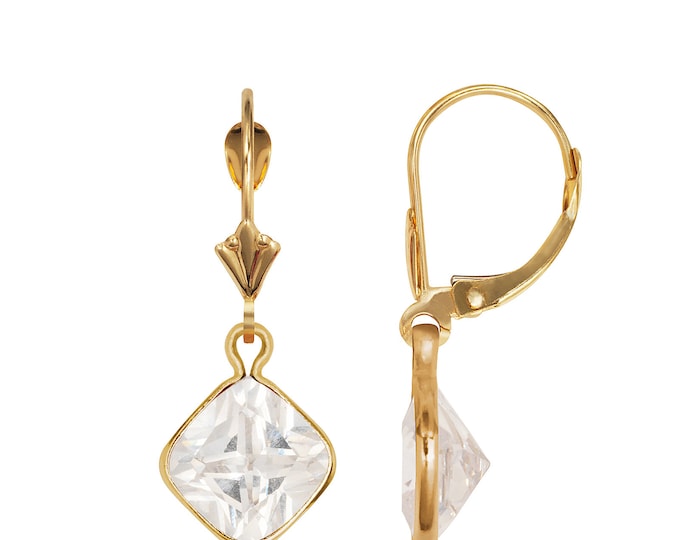4CT Cushion Cut Created Diamond Earrings Solid 14K Yellow/White Gold Lever-back Dangling Huggie