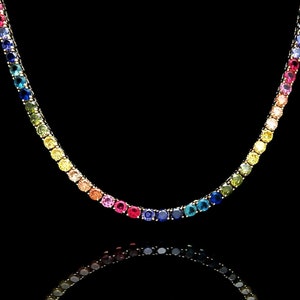 4mm Rainbow Tennis Necklace Solid 925 Sterling Silver 24TCW Brilliant Created Gemstone 16&quot;/18&quot;/20&quot; Multi-Color Chain
