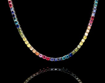 4mm Rainbow Tennis Necklace Solid 925 Sterling Silver 24TCW Brilliant Created Gemstone 16"/18"/20" Multi-Color Chain