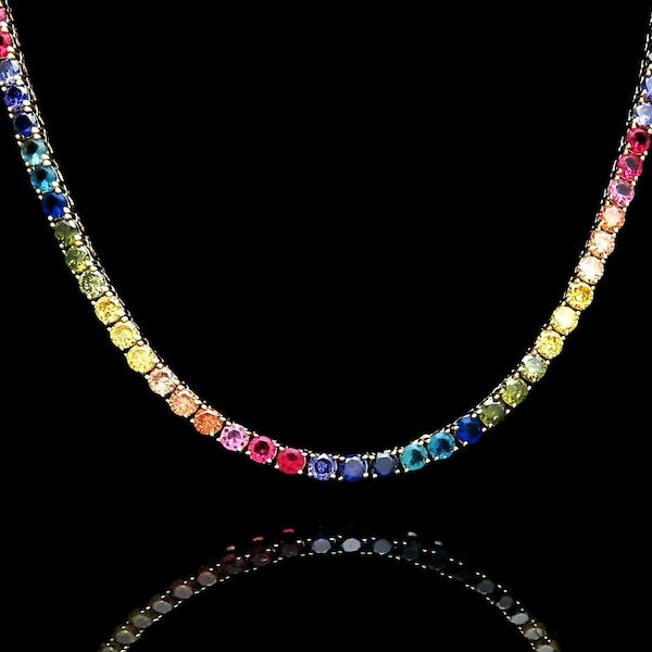 4mm Rainbow Tennis Necklace Solid 925 Sterling Silver 24TCW Brilliant Created Gemstone 16"/18"/20" Multi-Color Chain