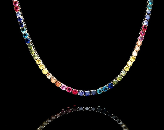 4mm Rainbow Tennis Necklace Solid 925 Sterling Silver 24TCW Brilliant Created Gemstone 16"/18"/20" Multi-Color Chain