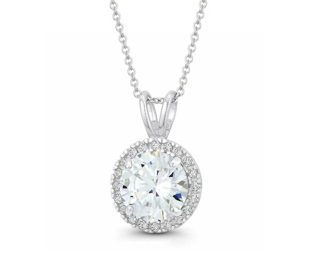 1.00tcw Created Diamond Halo Pendant Solid 14K White Gold Round Charm