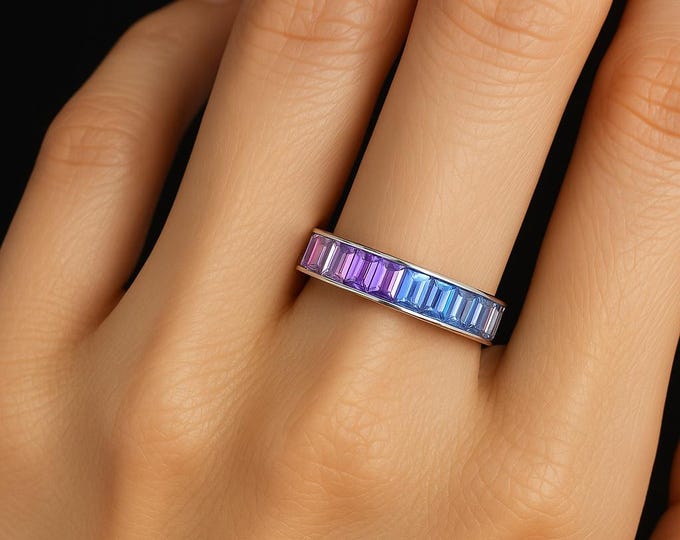 4.80TCW Multi-Color Created Gemstones Baguette Cut Eternity Band 925 Sterling Silver Yellow/White/Rose Gold Plated VVS1 6mm Rainbow Ring