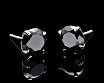 Solid 14K White Gold Earrings 4.00ct Round Black Created Diamond Push-back Basket Studs 8mm VVS1