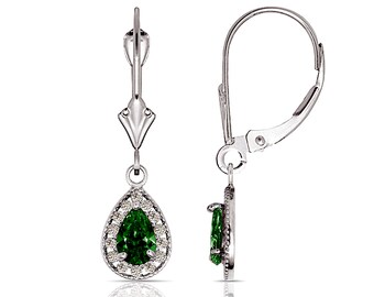 2.00TCW Halo Pear Cut Gemstone & Round Created Diamond Earrings Solid 14K White Gold Lever-back Dangling Huggies