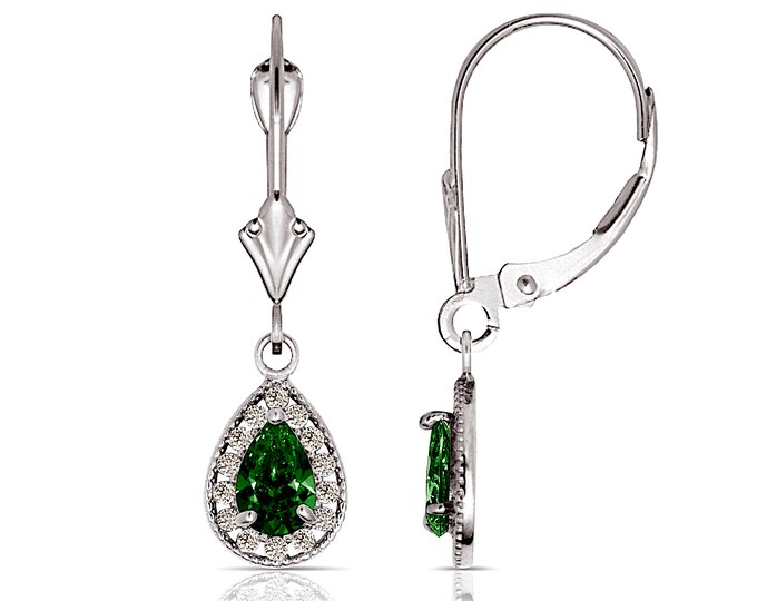 2.00TCW Halo Pear Cut Gemstone & Round Created Diamond Earrings Solid 14K White Gold Lever-back Dangling Huggies