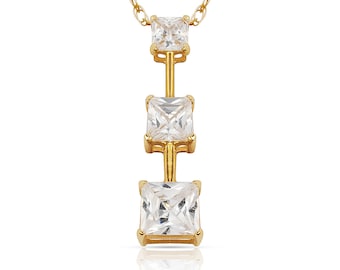 1.50CT Princess Cut Simulated Diamonds Three Stone Pendant Solid 14K Yellow/White Gold Charm VVS1