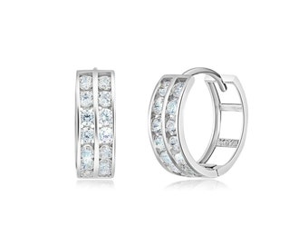 1CT Created Diamond Earrings Solid 14K White Gold 2-Row Channel Set Huggies 14mm