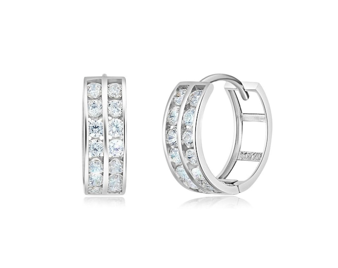 1CT Created Diamond Earrings Solid 14K White Gold 2-Row Channel Set Huggies 14mm
