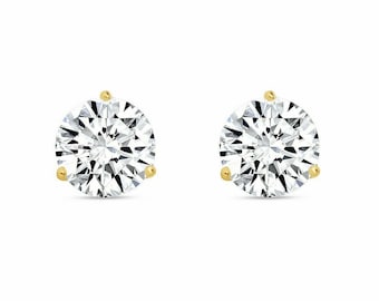 1ct-4ct Round Cut VVS1 Created Diamond Martini 3-Prong Earrings Solid 14K Yellow Gold 585 Screw-back Solitaire Studs 5/6/7/8mm