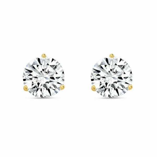 1ct-4ct Round Cut VVS1 Created Diamond Martini 3-Prong Earrings Solid 14K Yellow Gold 585 Screw-back Solitaire Studs 5/6/7/8mm