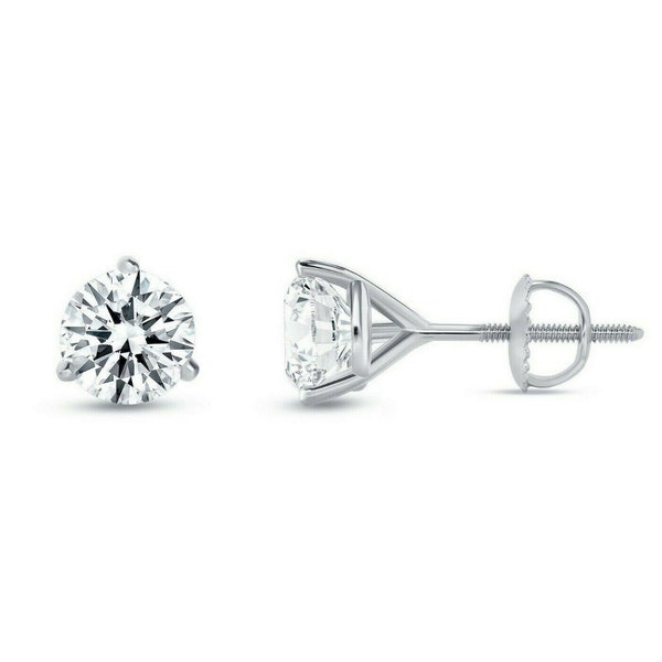 1ct-4ct Round Cut VVS1 Created Diamond Martini 3-Prong Earrings Solid 14K White Gold 585 Screw-back Solitaire Studs 5/6/7/8mm