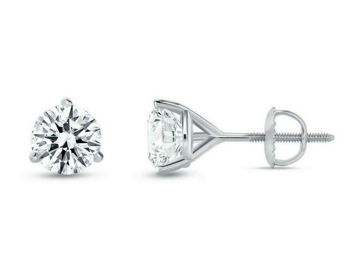1ct-4ct Round Cut VVS1 Created Diamond Martini 3-Prong Earrings Solid 14K White Gold 585 Screw-back Solitaire Studs 5/6/7/8mm