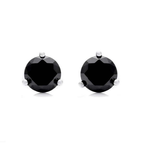 1ct-4ct Round Black Created Diamond Martini 3-Prong Earrings Solid 14K White Gold Screw-back Basket Studs 5/6/7/8mm