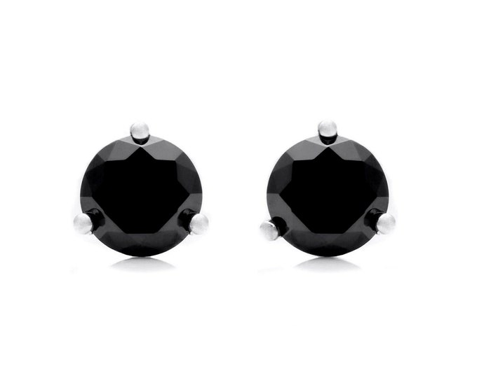 1ct-4ct Round Black Created Diamond Martini 3-Prong Earrings Solid 14K White Gold Screw-back Basket Studs 5/6/7/8mm