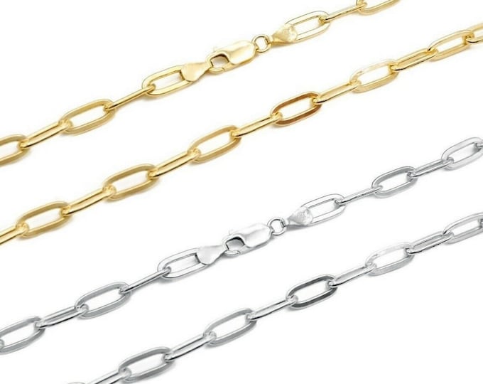 Paper Clip Necklace 3mm Chain Solid 925 Sterling Silver 14K Gold Plated 16"/18"/20"/24"/26"/30"
