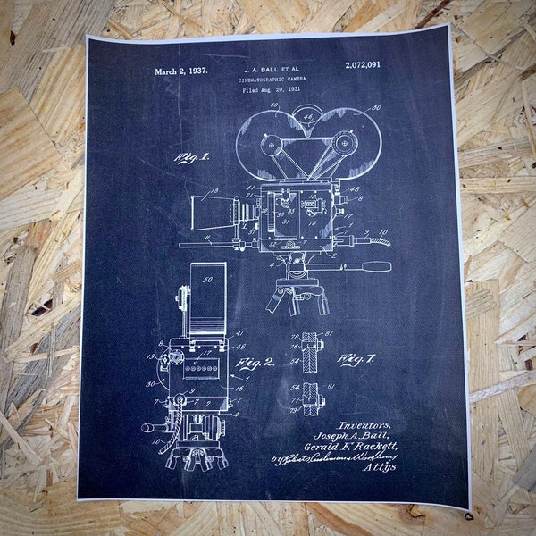 Poster stampato in stile retrò piano di una macchina da presa cinématografica film 1937. Dalla tela alla pittura.