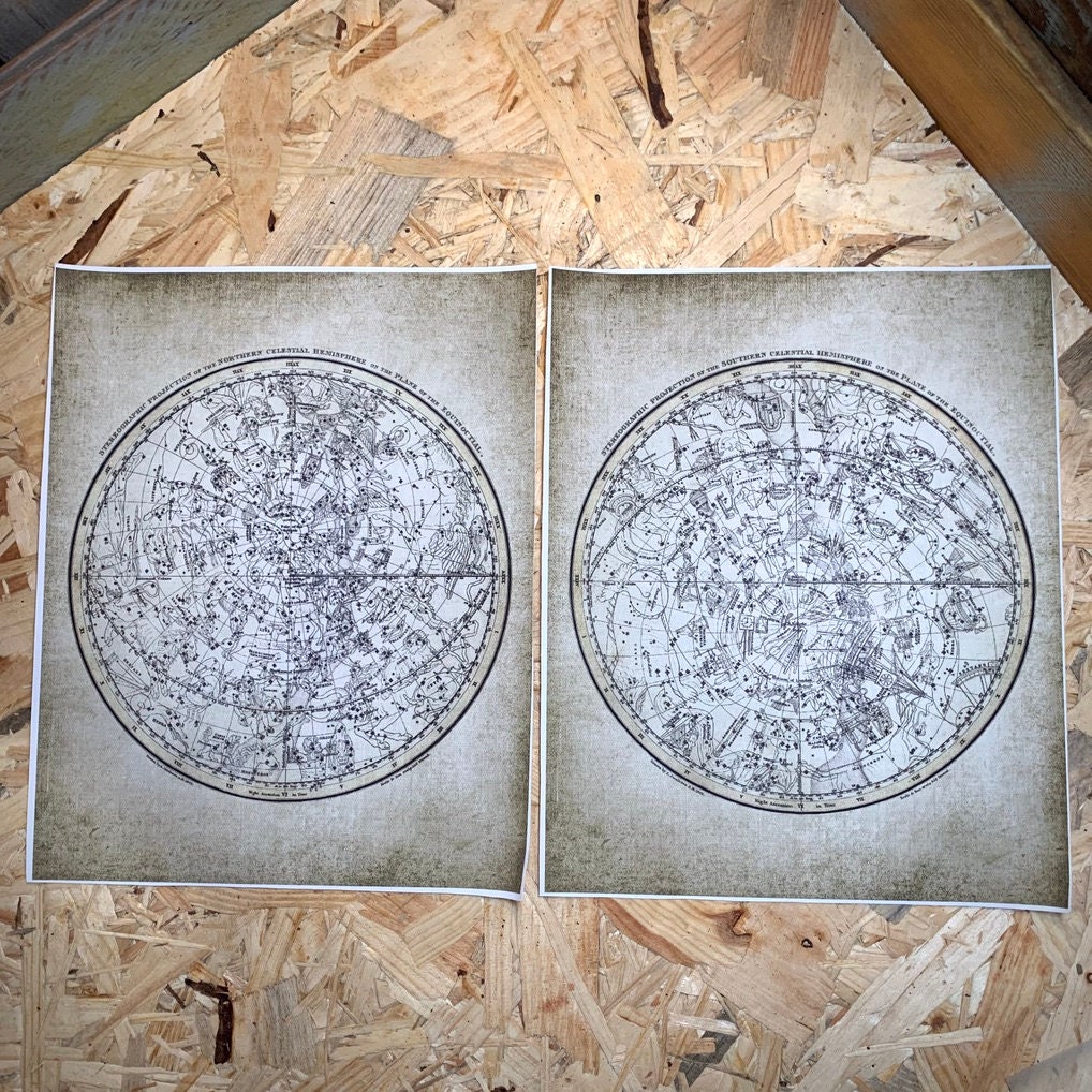 Affiche Imprimée | Paire Style Rétro Carte Dessin de La Voute Céleste Er Du Zodiaque Hémisphère Nord